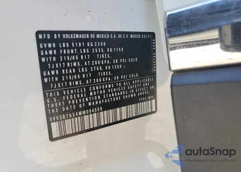 2021 Volkswagen Tiguan Se from USA, damaged, VIN 3VV3B7AX4MM094559